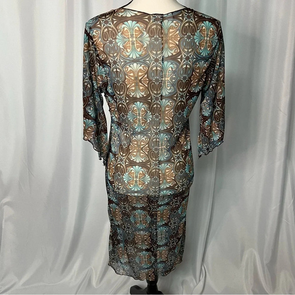 Brown, Tan & Blue Geometric Pattern Sheer Square Neck Dress or Cover-Up - Picture 6 of 10